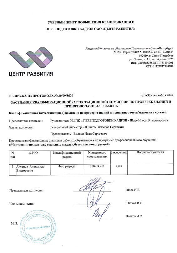 Аттестационный сертификат Аксенова А - подтверждение квалификации